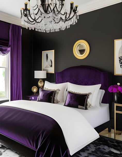 AI generated fantasy art of a luxe purple and black bedroom. Black And Purple Bedroom, White And Purple Bedroom, Purple Themed Bedroom, Purple Bedroom Ideas, Tattoo Modern, Purple Bedroom Decor, Velvet Bedroom, Colorful Bedroom Decor, Downstairs Bedroom