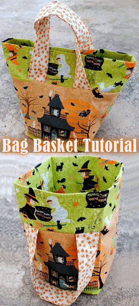 Bag Basket Tutorial ~ Free-Tutorial.net Basket Bag Pattern Free, Halloween Bag Sewing Pattern, Sewed Gift Bags, Pumpkin Bag Pattern, Gift Bag Sewing Pattern, Sew Christmas Gifts, Kids Treat Bags, Halloween Diy Kids, Halloween Sewing Projects