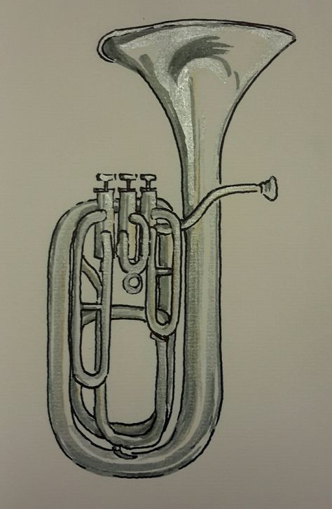 Baritone Horn Baritone Tattoo, Baritone Drawing, French Horn Tattoo Ideas, Blue French Horn Tattoo, Euphonium Drawing, Baritone Horn, French Horn Earrings, French Horn Instrument, Horn Instruments