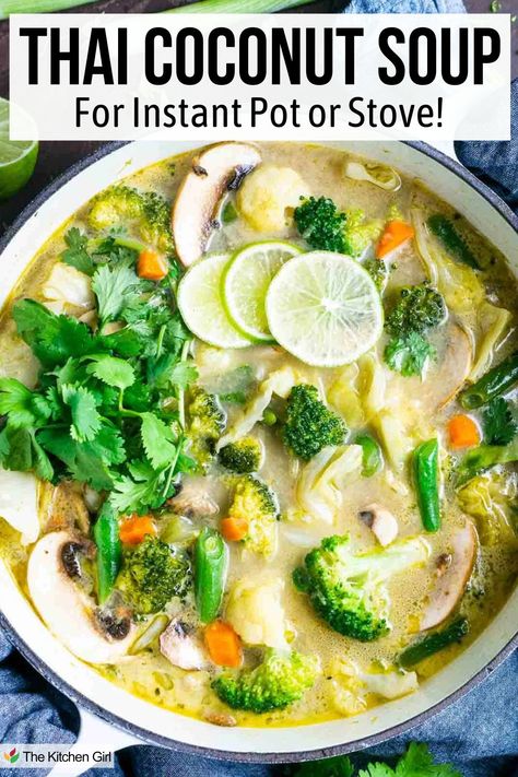 Thai coconut soup in white soup pot. Title: Thai Coconut Soup for Instant Pot or Stove! Vegan Coconut Soup, Coconut Milk Soup Thai, Coconut Milk Recipes Healthy, Thai Green Curry Soup, Soup Coconut Milk, Recipes With Coconut Milk, Thai Vegetable Soup, Thai Soup Recipes, Thai Coconut Curry Soup