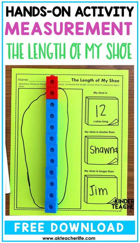 Non-standard measurement activity - students measure the length of their shoe using cubes. They compare the length of their shoe using longer and shorter. Free download! Measurement Activities Preschool, Measurement Preschool, Kindergarten Measurement Activities, First Grade Measurement, Math Measurement Activities, Easy Math Centers, Measurement Lessons, Top Template, Measurement Kindergarten