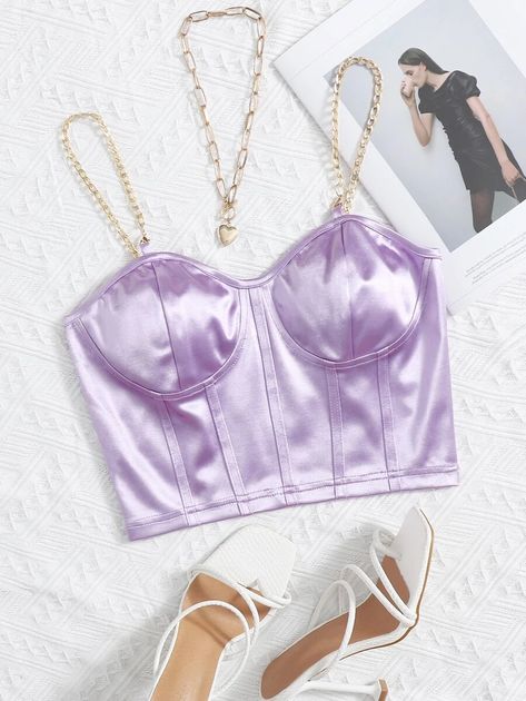 Chain Detail Silky Bustier Cami Crop Top | SHEIN USA Chain Clothing, Satin Bustier, Looks Party, Women Tank Tops, Body Harness, Cropped Cami, Cami Crop Top, Purple Top, Crop Top Blouse