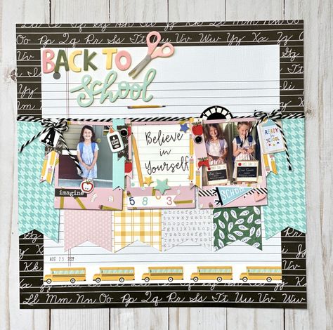 Scrapbook Rooms, School Picture Scrapbook Layout, School Scrapbook Layouts Cute Ideas, School Layouts Scrapbook, First Day Of School Scrapbook Layouts, Elementary School Scrapbook, School Portrait Scrapbook Layouts, First Day Of Kindergarten Scrapbook Layouts, School Days Scrapbook Layouts