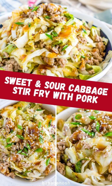 Light and healthy sweet and sour cabbage stir fry with pork. Stir Fry With Pork, Recipe Using Ground Pork, Ground Pork Tacos, Homemade Sweet And Sour Sauce, Sweet And Sour Cabbage, Vegetable Kebabs, Sour Cabbage, Lunch And Dinner Recipes, Ground Pork Recipes