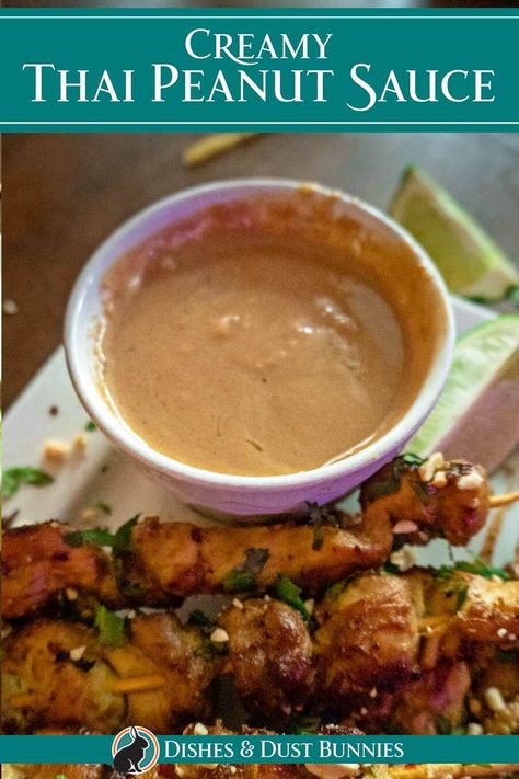 Give your meals an extra kick of flavor with this easy-to-make Thai Creamy Peanut Sauce! It's perfect for dipping, drizzling, or marinating – making it a must-have for anyone who loves adding some extra excitement to their favorite dishes. Plus, its creamy texture and delicious taste make it an unforgettable addition! Salsa For Chicken, Chicken Satay Skewers, Peanut Sauce Recipe, Thai Peanut Sauce, Dust Bunnies, Thai Peanut, Asian Sauce, Creamy Dip, Fruit Salsa