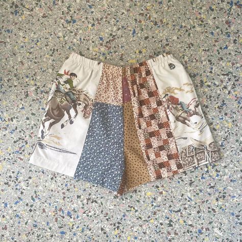 Handmade Patchwork Shorts 

One of a kind 
Designed... - Depop Patchwork Shorts Diy, Sewing Patchwork Clothes, Patch Work Clothes, Patchwork Clothes Diy, Quilted Shorts, Cowboy Print, Sewing Challenge, Thrift Flips, Hyper Fixation