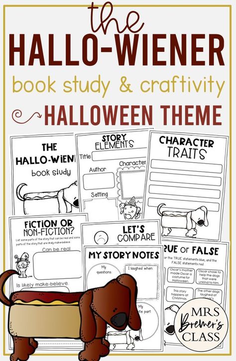 The Hallo-Wiener book study activities unit for Halloween, with Common Core aligned literacy companion activities and a craftivity for Kindergarten and First Grade October Reading Activities, Monthly Family Activities, Halloween Unit Study, Reading Activities For Kindergarten, Book Study Activities, Popular Picture Books, Halloween Writing Prompts, Study Activities, Guided Reading Books