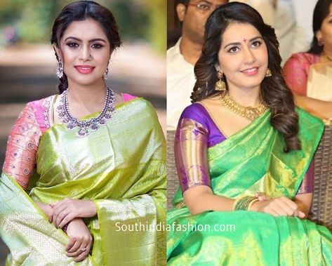 How to Wear Different Color Sarees With Contrast Blouses! Green Colour Saree Contrast Blouse, Light Green Saree Blouse Combination, Light Green Saree With Contrast Blouse, Green Saree Contrast Blouse, Light Green Saree, Saree Contrast Blouse, Saree Combination, Saree Colors, Saree Colours