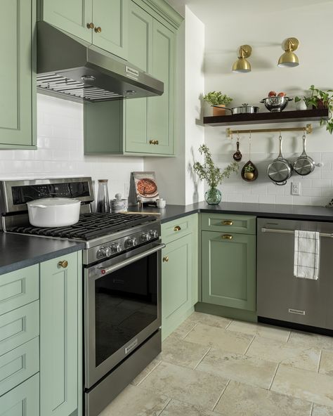 Photo by Kristina Kroot Blue Green Kitchen Cabinets Black Countertop, Green Granite Kitchen, Waterside House, Range Wall, Sage Green Kitchen, Gray Granite, Kitchen Green, Kitchen Updates, Green Kitchen Cabinets