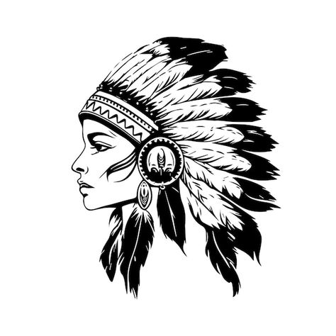 Vector girl head with native american in... | Premium Vector #Freepik #vector #headdress #american-indian #indian-chief #native-american Headress Tattoos, Indian Head Tattoo, Sublimation Tees, Indigenous Artwork, Indian Skull Tattoos, Indian Tattoo Design, Headdress Tattoo, Aztec Temple, Native American Tattoo