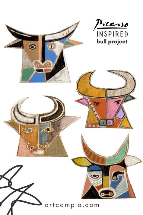 Fun Abstract Art, Mobiles Art, Trin For Trin Tegning, Abstract Art Projects, Bull Art, Picasso Style, 4th Grade Art, Acrylic Painting Ideas, 3rd Grade Art