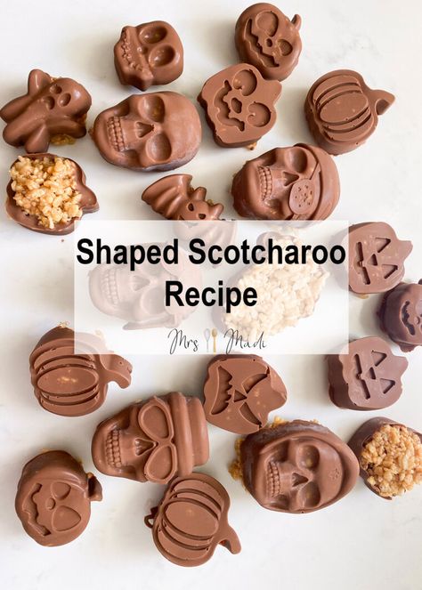 Pin this recipe and make these delicious treats at home!   Click this pin to see the full recipe. Everyone loves a good & soft scotcharoo. Make a shaped scotcharoos, a themed treat (holiday, seasonal or birthday) with a silicone mold. Mini Silicone Mold Recipes, Silicone Mold Ideas Food, Fudge In Silicone Molds, Silicone Mold Recipes Desserts, Silicone Candy Molds Recipes, Pumpkin Silicone Mold Recipes, Halloween Silicone Mold Recipes, Chocolate Mold Ideas, Silicone Mold Desserts