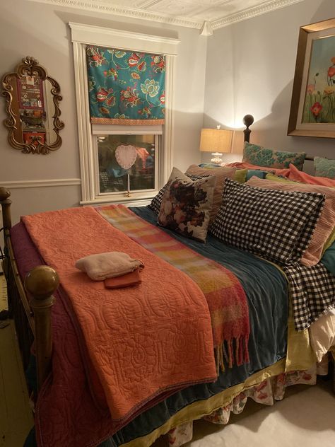 Vintage Bright Bedroom, Eclectic Bedroom Paint Colors, Bedroom Layered Rugs, Two Rugs In One Room Layout Bedroom, Eclectic Amazon Finds, Bedroom Plant Corner, Decorate With Scarves, Eccentric Bedroom Ideas, Maxamalist Bedroom