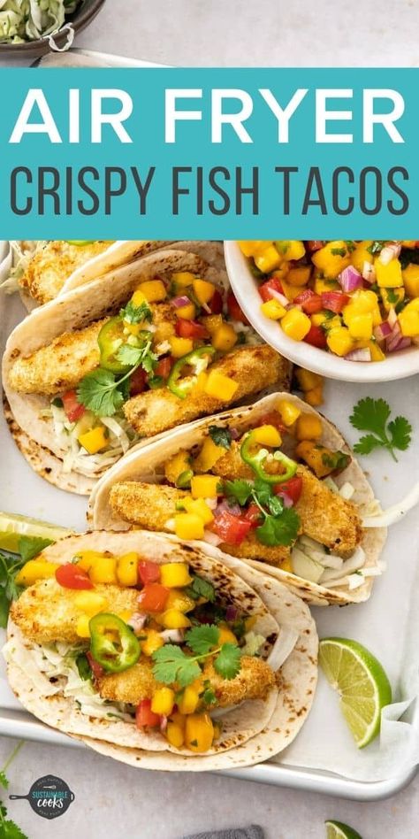 Make the best Air Fryer Fish Tacos with this easy and delicious recipe. A flavorful homemade lime coleslaw and mango salsa pairs perfectly with the crispy and tender fish. Serve with rice and beans for a fantastic speedy homecooked meal. Air Fryer Crispy Fish, Air Fryer Fish Tacos, Lime Coleslaw, Crispy Fish Tacos, Homemade Fish And Chips, Fried Fish Tacos, Air Fried Fish, Fried Tilapia, Crispy Fish