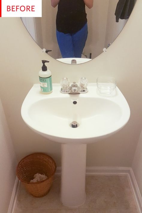 Bathroom Small Sink Ideas, Small Sink Bathroom Decor, Half Bathroom Decor Pedestal Sink, Half Bathroom Sink Decor, Small Restroom Sink Ideas, Small Half Bath With Pedestal Sink, Small Bathroom Sink Ideas Modern, Sink Only Bathroom, Redo Half Bathroom