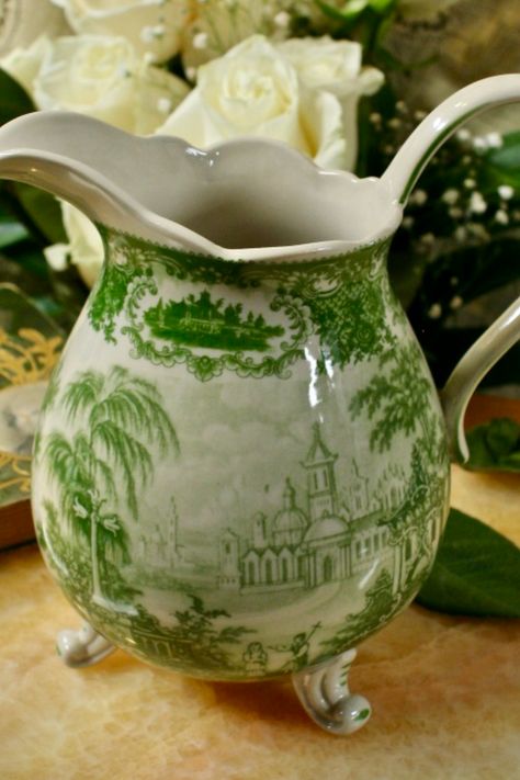 Fancy Footed Green Transferware Pitcher – Hopeless Romantic Tea Party Activities, Green Transferware, French Garden Decor, Chinoiserie Plates, Decorating Table, Farmhouse Dining Room Table, Holiday Dishes, Chinoiserie Decorating, Decorating Kitchen