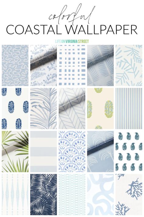 Beach House Wallpaper Floral, Low Country Wallpaper, Coastal Wallpaper Accent Wall Bedroom, Half Bath Wallpaper Coastal, Guest Bath Wallpaper Ideas, Light Blue Coastal Wallpaper, Beach House Wallpaper Ideas, Small Bathroom Wallpaper Ideas Coastal, Blue Laundry Room Wallpaper