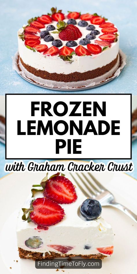 Looking for an easy patriotic pie recipe for 4th of July or Memorial Day? This red, white, and blue pie is decorated with strawberries and blueberries with a frozen lemonade filling. It's a great make-ahead dessert perfect for barbecues and backyard get-togethers. Patriotic Dessert | 4th of July Dessert | No Bake Pie | Graham Cracker Crust | Red White and Blue Desserts | Labor Day Dessert | Patriotic Party Food | 4th of July Recipes Party Food 4th Of July, Pie Graham Cracker Crust, Patriotic Party Food, Food 4th Of July, Patriotic Pie, Blue Pie, 4th July Food, Graham Cracker Crust Pie, Patriotic Desserts