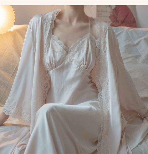 New Female Long Robe Nightgown Set Sexy Lace Trim Sleepwear Suspender Nightdress Spring Summer Casual Satin Home Dress Bathrobe Long Robe Nightgowns, Womens Bathrobes, White Lace Lingerie, Nightgown Sets, Wedding Robe, Pajama Dress, Satin Long Sleeve, Linen Pants Women, Bridal Robes