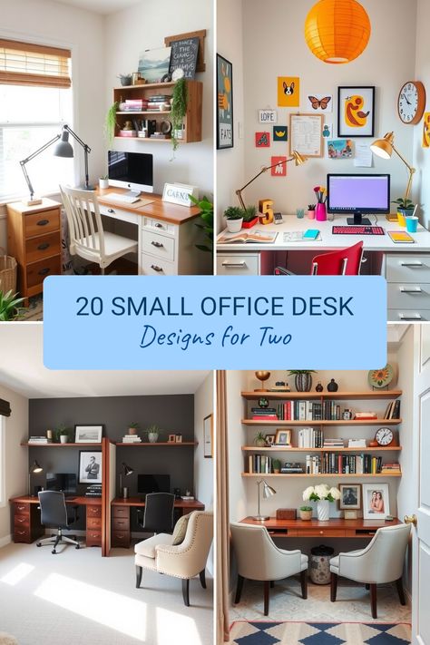 Explore 20 inspiring double desk layouts for small home offices featuring bright decorations, cozy setups, and sleek designs. These unique styles use four images to showcase ways to maximize space while maintaining a comfortable working environment. Small Two Desk Office, Home Office Ideas With Two Desks, Two Desk In One Office, Small Office 2 People, Room With 2 Desks, Small Office 2 Desks, 2 Person Office Desk, Two Person Small Office, Shared Desk Office