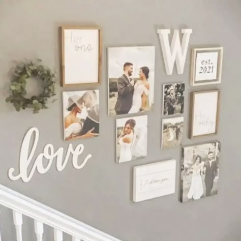 Family Home Wall Decor, Wedding Photo On Wall Living Rooms, Wedding Picture Living Room Display, Stairwell Family Picture Wall, Farmhouse Living Room Photo Wall, Wedding Pictures Wall Decor, Wedding Photos Wall Display Living Rooms, Small Picture Collage Wall, Rustic Photo Collage Wall