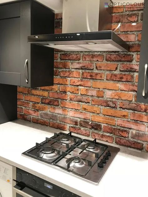 Brick Wallpaper Kitchen, Red Brick Kitchen, Exposed Brick Wallpaper, Brick Kitchen Wall, Brick Feature Wall, Log Home Kitchens, Brick Backsplash Kitchen, Brick Look Tile, Wallpaper Kitchen