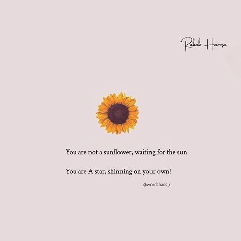 Rubab Hamza. on Instagram: “Why do you keep on searching for the sun when you are your own star Shinning bright You are not a sunflower, wanting a sun you are Star…” Sunflower Quotes, Little Things Quotes, Popular Now, Quotes Instagram, Twin Flames, Cartoon Quotes, Quotes And Notes, Twin Flame, Keep On