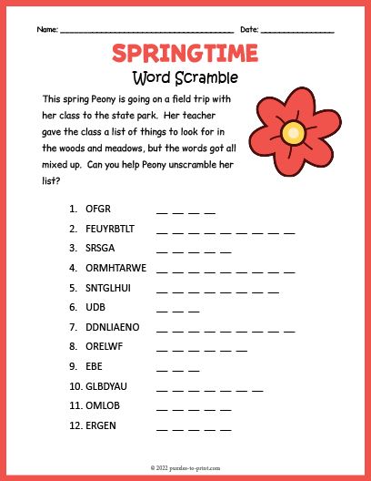 Unscramble the words and help Peony and her classmates find all of the things on their list in this printable springtime word scramble. Word Unscramble, Spring Worksheets, Word Puzzles For Kids, Unscramble Words, Scramble Words, Spring Words, English Conversation, Spring Printables, Senior Activities