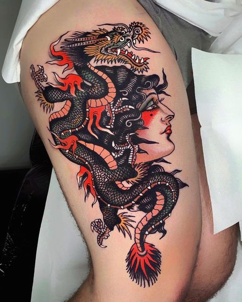 American Traditional Dragon Tattoo, American Traditional Dragon, Traditional Tattoo Girls, Dragon Snake, Traditional Style Tattoo, Circle Tattoo, Tattoo Signs, Traditional Tattoo Design, Dragon Girl