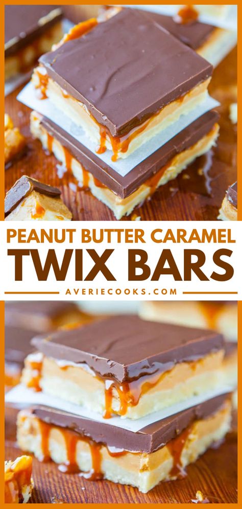 Peanut Butter Caramel Twix Bars are buttery, snappy, creamy, smooth, peanut buttery, dense, rich, gooey, velvety, and chocolaty. They’re like a marriage of Peanut Butter Twix and Tagalongs, in bar form, and they’re irresistible! Twix Bars Recipe, Twix Recipe, Peanut Butter Twix, Twix Candy, Peanut Butter Caramel, Twix Bars, Twix Bar, Averie Cooks, Butter Caramel