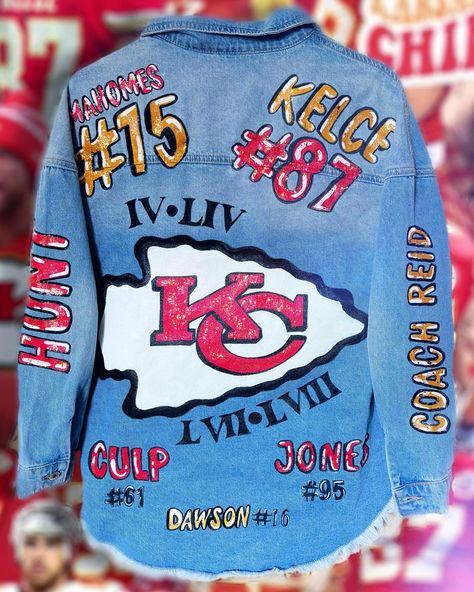 She’s a beaut Clark!! ❤️ I’m excited for summer but also already ready for FALL and FOOTBALL! 🏈 💃🏼 • • • #ChiefsKingdom #RedFriday #ChiefsFamily #KansasCityChiefs #ArrowheadPride #MahomesMagic #ChiefsNation #ChiefsFootball #RunItBack #chiefsfans Chiefs Jacket, Fall And Football, Painted Jean Jacket, Excited For Summer, Red Friday, Painted Jacket, Chiefs Football, Painted Jeans, Kc Chiefs