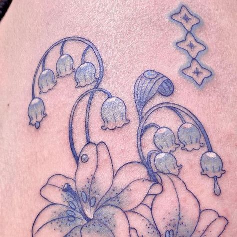 Ting Ting on Instagram: "Blue lilies and lily of the valley with butterflies for Natalie @floodkiss Have a little reunion with my OCAD friend hehe, it’s so nice to see you 🫶🫶🫶. And I am so so blessed to be able to design this piece in my favourite style, I really want to do it more in the future!!! . . . . Done @little.witch.tattoo #bluetattoo #blue #lily #lilytattoo #lilyofthevalley #lillyofthevalleytattoo #butterfly #butterflytattoo #bluebutterfly #butterflylove #blueink #illustrationtatto Blue Ribbon Tattoo, Blue Lilies, Tats Ideas, Fly Love, Light Blue Ribbon, Ribbon Tattoos, Witch Tattoo, Blue Tattoo, Blue Lily