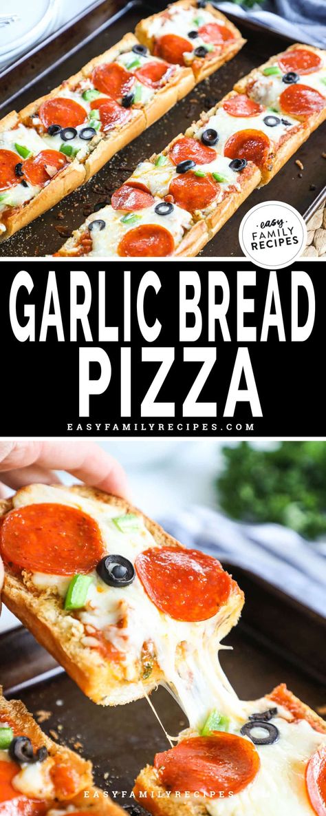 A delicious, CRISPY, pizza recipe! My family LOVES this quick and easy garlic bread pizza because it is totally customizable. I love it because it comes together in 10 minutes and makes the whole family happy! Make it all from scratch or use the shortcuts for a busy night on the go! Easy Garlic Bread, White Pizza Recipes, Garlic Bread Pizza, Pizza Easy, Homemade Garlic Butter, Crispy Pizza, French Bread Pizza, Bread Pizza, Pizza Bread