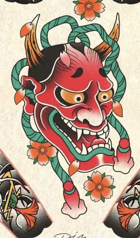 Traditional Japanese Hannya Mask Tattoo, Neo Trad Japanese Tattoo, Traditional Hannya Tattoo, Tattoo Mask Japanese, Hanya Mask Tattoo Traditional, Traditional Oni Mask Tattoo Design, Japanese Hannya Mask Tattoo Design, Traditional Hannya Mask Tattoo, Hanya Mask Tattoo Design