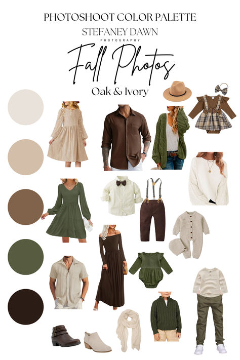 Elegant fall color scheme with white, cream, brown, green, and black. Family Color Theme Pictures, Brown Green Family Photos, Family Photo Outfits Cream And Brown, Coordinating Fall Family Photos, Family Portraits Color Scheme, Green Fall Photo Outfits, Family Photos Dark Colors, Green Black Tan Family Pictures, Fall Family Photos Sage Green