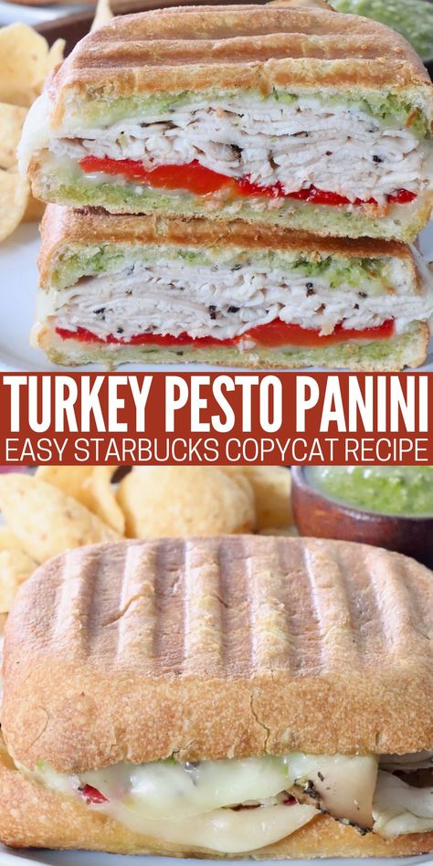 Make a Starbucks copycat Turkey Pesto Sandwich at home for a fraction of the price! This hot turkey panini sandwich is incredibly delicious and even easier to make. You only need 5 ingredients and 10 minutes to whip up this flavorful sandwich recipe for an easy lunch or dinner! Starbucks Turkey Pesto Sandwich, Panini Wraps, Turkey Pesto Panini, Turkey Panini Sandwiches, Turkey Pesto Sandwich, Turkey Sandwich Recipes, Mini Panini, Pesto Panini, Turkey Panini