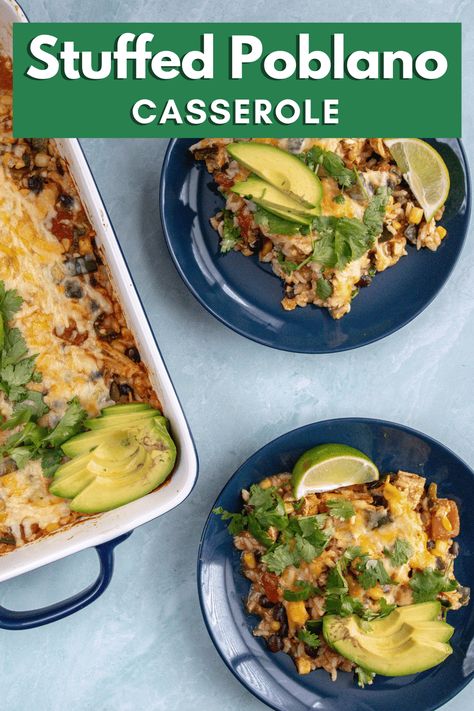 Stuffed Poblano Casserole is a mixture of creamy tomatillo salsa, creamy chicken, rice, black beans, corn, poblano peppers, and tomatoes. It's all topped with cheese and baked to bubbly perfection Poblano Casserole, Corn Poblano, Creamy Chicken Rice, Weekday Recipes, Rice Black Beans, Black Beans Corn, Chicken Breast Cutlet, Popular Dinner Recipes, Ways To Cook Chicken