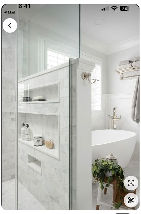 Bloxburg Bathroom Ideas Aesthetic, Shower Solutions, Half Wall Shower, White Subway Tile Bathroom, Bathroom Lighting Ideas, Bathroom Ideas 2024, Master Bath And Closet, Modern Bathroom Ideas, Ideas For Small Bathrooms