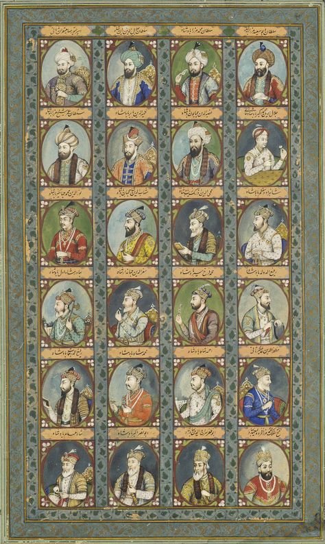 THE MUGHAL DYNASTY: A LARGE ILLUSTRATION OF TWENTY-FOUR MUGHAL EMPERORS AND PRINCES | DELHI SCHOOL, NORTH INDIA, CIRCA 1850 | Drawings & Watercolors, body colour / gouache | Christie's Hinduism History, Mughal Miniature Paintings, Book Art Sculptures, Mughal Art Paintings, Mughal Architecture, Persian Miniature, Mughal Paintings, Mughal Empire, Indian Painting