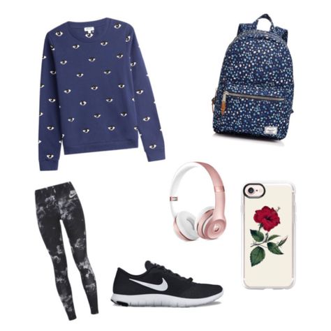 Created by:me Such an comfortable outfit for school. I hope you like it. 📚DETAILS:📚 Kenzo Printed Cotton Sweatshirt Nike cropped zip hoodie  Nike leggings  Nike flex contact women's running shoes Herschel Supply co. Grove backpack  Vintage red green botanical flower- IPhone 7 case and cover  Beats solo 3 Wirelles on-ear headphones rose gold (Not sponsored) Hope you liked it. Beats Solo 3, Nike Leggings, Nike Flex, Herschel Supply Co, Cute Sets, Herschel, Womens Running Shoes, Comfortable Outfits, School Outfits