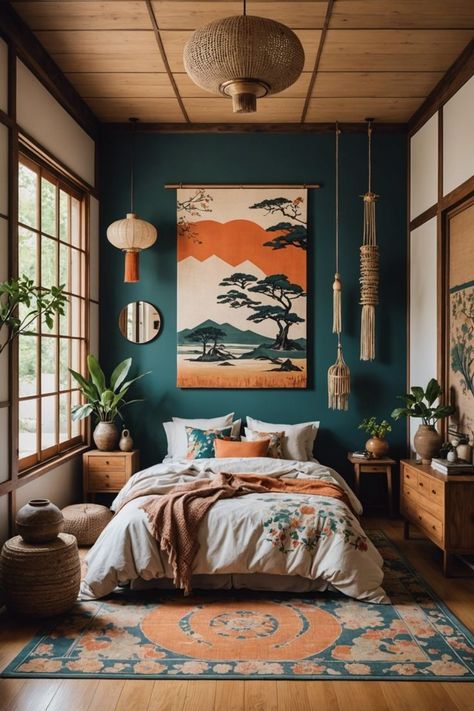 Japanese Themed House, Japanese Theme Bedroom Ideas, Colourful Minimalist Bedroom, Boho Interior Design Bohemian Homes, Vibey Decor, Japanese Themed Bedroom, Explorer Bedroom, Asian Inspired Bedroom, Relaxing Bedroom Ideas