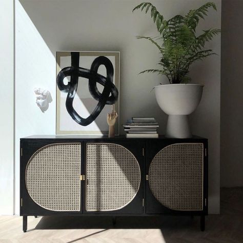 Rattan Doors, Rattan Sideboard, Interior Design Minimalist, Black Rattan, Black Sideboard, Side Board, Rustic Materials, Wood Sideboard, Door Storage