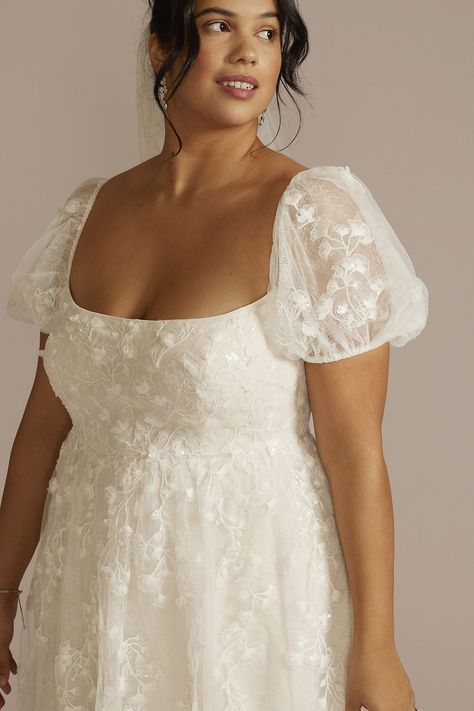 Wedding Dresses - Melissa Sweet Embroidered Puff Sleeve Empire Waist Wedding Dress Style # MS251266 – View Image 3 Empire Line Wedding Dresses, Bridgerton Wedding Dress, Cottage Core Wedding Dress, Vintage Wedding Dress 1970s, Plus Size Wedding Dress Short, Cottagecore Wedding Dress, Empire Line Wedding Dress, Waist Wedding Dress, Vow Renewal Dress