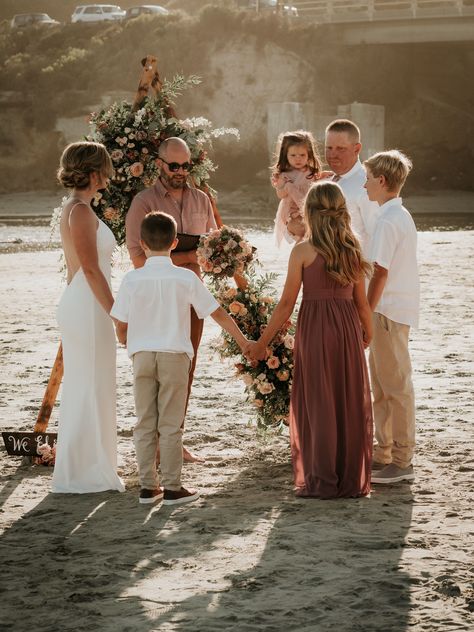 Wedding Photos Blended Family, Beach Wedding Photo Ideas With Family, Blended Family Beach Pictures, Blended Family Wedding Photo Ideas, Beach Elopement With Family, Small Beach Elopement, Simple Beach Elopement Ideas, Family Elopement Wedding, Beach Vow Renewal Ideas