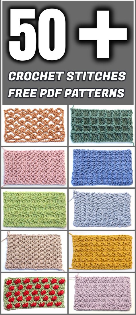 Learn to make 50 and more beautiful crochet stitches. Feel free to download any of these patterns in PDF format and enjoy your crocheting... Stitches Pattern, Crochet Stitches Guide, Crochet Stitches Diagram, Crochet Stitches For Blankets, Crochet Stitches Free, Easy Crochet Stitches, Free Pdf Pattern, Crochet Stitches For Beginners, Crochet Afghans