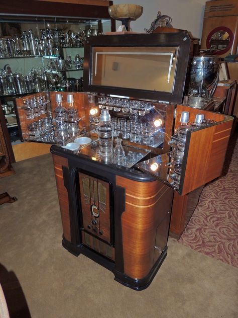 Philco Art Deco Complete Radio Bar | Bars | Art Deco Collection Old Radio Turned Into Bar, Art Deco Bars, Old Radio Cabinet Repurposed, 60s Bar, Antique Radio Cabinet, Prohibition Bar, Philco Radio, Art Deco Bar Cabinet, Bourbon Room