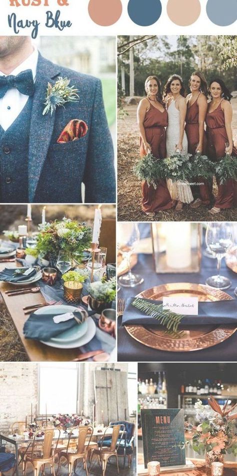 Rust gold and navy blue fall wedding color inspiration Boho Wedding With Navy Blue, Navy Copper And White Wedding, Rust Pink And Navy Wedding, Navy Blue Themed Wedding Color Combos, Blue And Silver Fall Wedding, Steel Blue And Rust Wedding, Rust Navy And Sage Wedding, Dusty Blue And Rust Color Palette, Brown Orange And Blue Wedding