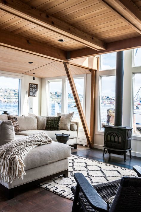 Boathouse Interior Design, Houseboat Living Interiors, Boathouse Interior, Small Lake Cabins, Houseboat Decor, Seattle Interior Design, Boat House Interior, Floating Homes, Houseboat Living