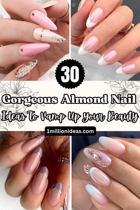 30 Gorgeous Almond Nail Ideas To Vamp Up Your Beauty - 192 Acrylic Nail Designs French Tip Ideas Almond, Almond Nails Fancy Designs, Almond Nails Designs February, Elegant Nails Classy Simple Almond, Almond Nails Designs January, Short Almond Nails Classy, French Nail Designs Almond Shape, Nail Ideas For Almond Shape, French Tip Nail Ideas Almond