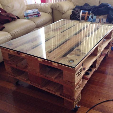 14 Super Cool Homemade Coffee Table Ideas: Unusual Coffee Tables | The Family Handyman Pallet Wood, Pallet Furniture, A Coffee, Coffee Table, Coffee, Wood, Glass, Furniture